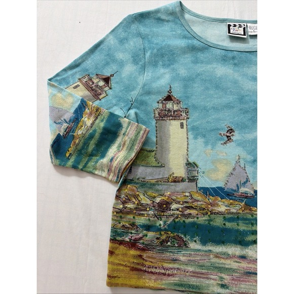 Take Two vintage 3/4 sleeve shirt cotton lighthouse sequins sailboats coastal L - Picture 2 of 16